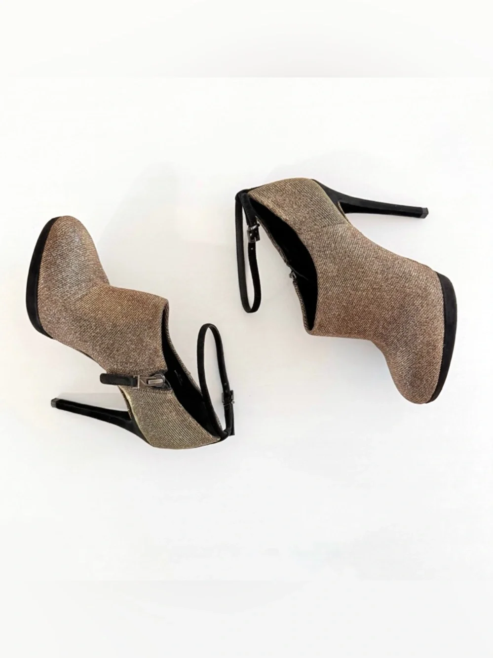BRIAN ATWOOD FRUITERA BLACK SUEDE METALLIC GOLD SILVER HIGH HEEL BOOTIES - Picture 3 of 11